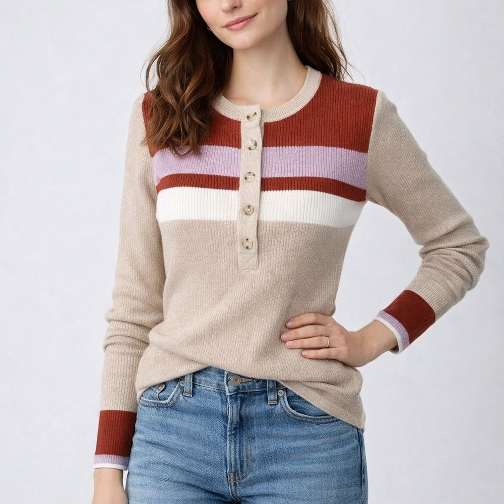 Faherty Mikki Henley Top Womens Medium Rib Knit Stripe Casual Coastal Soft Retro